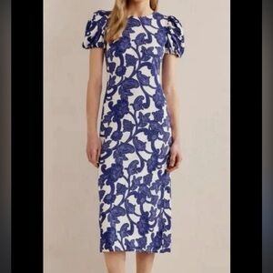 Boden Puff Sleeves Midi Jersey Dress 10p White Blue Paisley Romantic Feminine
